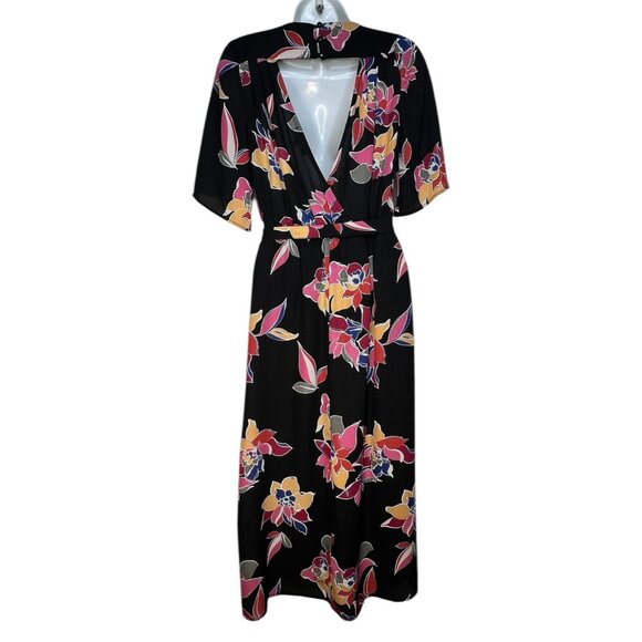 Trixxi Floral Faux Wrap Midi Dress Black Multicolor Tropical Open Back Med - Picture 10 of 14